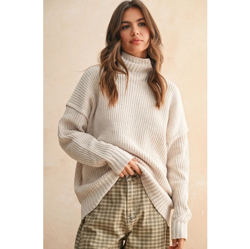 Miou Muse Cream Chunky Chenille Knit Turtleneck Sweater S
